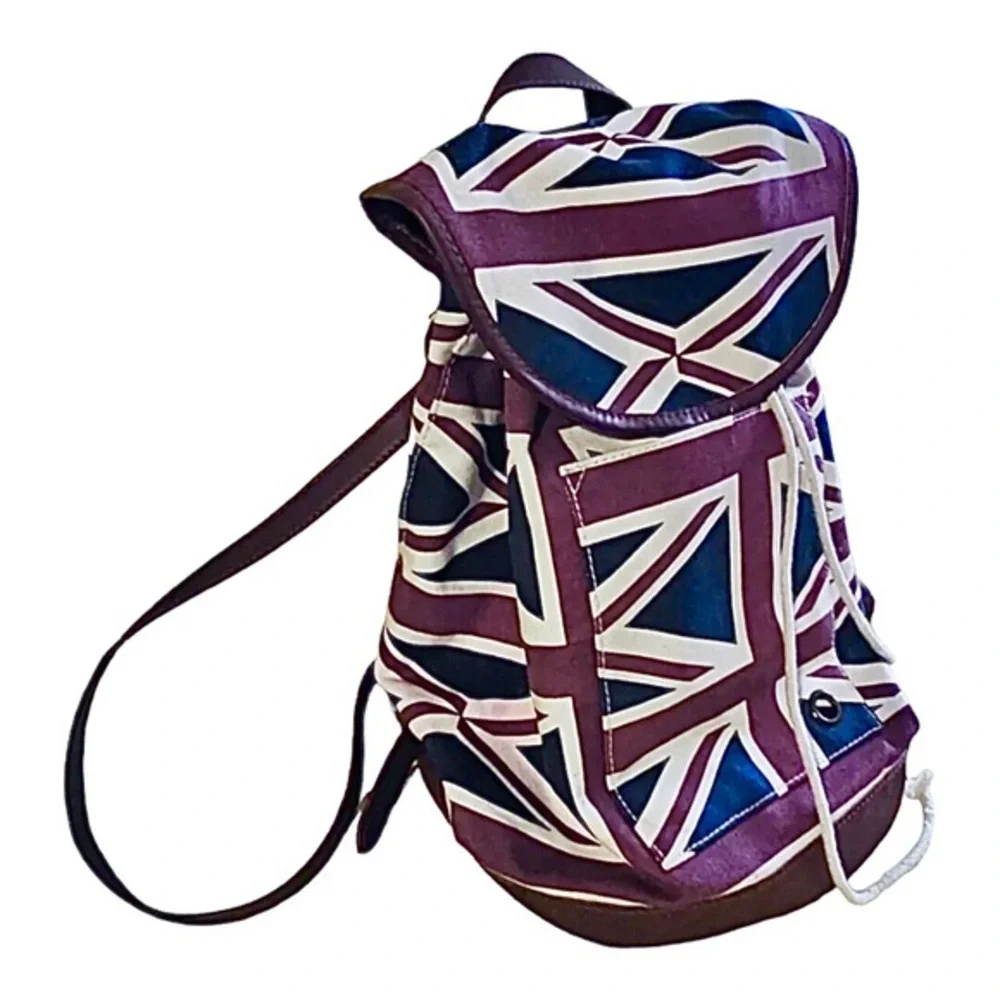 Union Jack British England UK canvas faux‎ leather red white & blue backpack